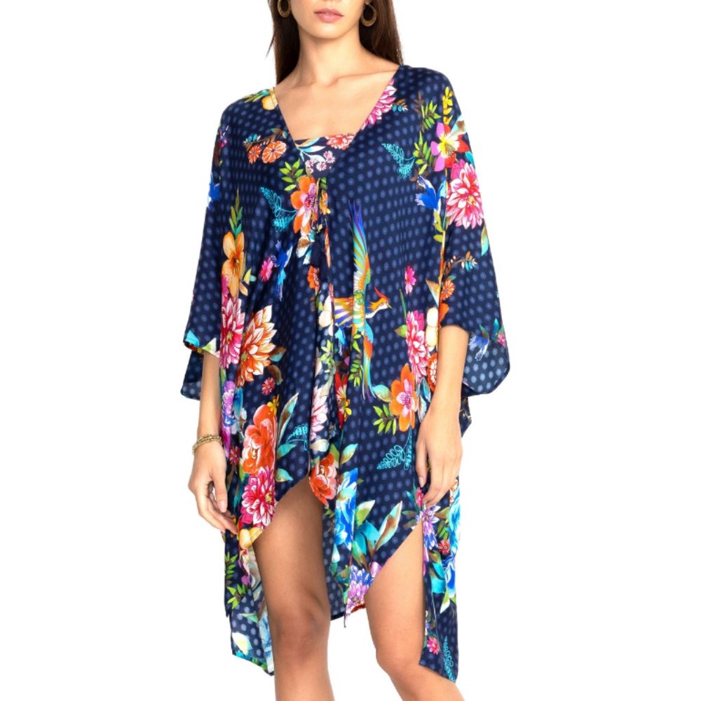 Johnny Was Kimono/Cover-up Tasseled Tie-front Sz-L/LX Blue/Multicolor Floral